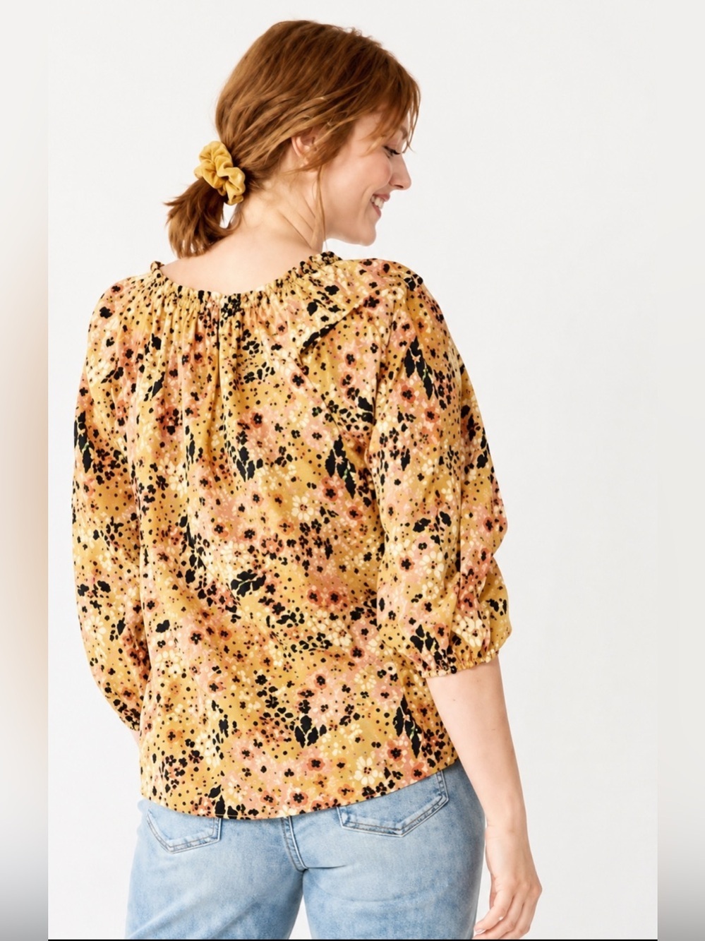 Sonoma 100% Cotton Mustard Floral Peasant Blouse. Size-Large Boho Casual